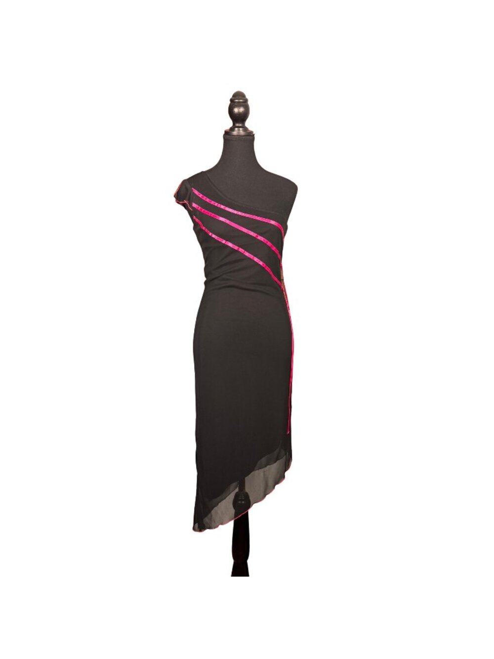 Vintage Y2K Black Asymmetrical Midi Dress Pink Trim Fairycore One Shoulder